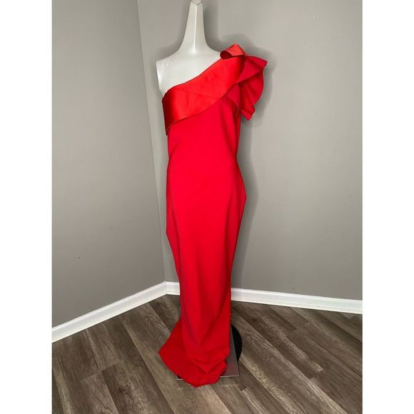 NWT Chiara Boni Kika Ra Ruffled One-Shoulder Trumpet Gown 48(12) $1090 - Picture 6 of 10